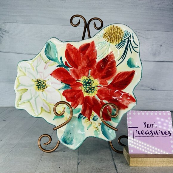 Pfaltzgraff HOLIDAY MARKET Poinsettias Flower Red Ceramic Hors d'Oeuvres Plate - Picture 1 of 16